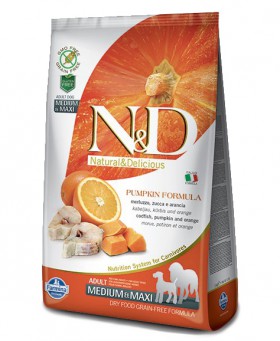 N&D Dog GF Pumpkin Codfish and Orange Adult Medium and Maxi, корм для собак с Треской, Апельсином и Тыквой / Farmina (Италия)