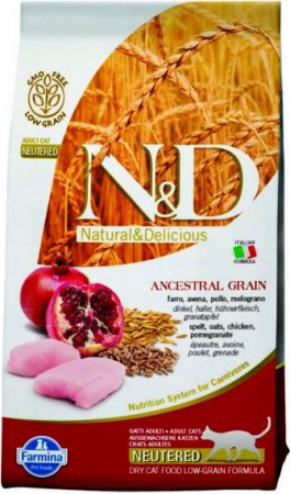 N&D Low Grain Cat Chicken & Pomegranate Neutered, корм для стерилизованных коше с Курицей и Гранатом /  Farmina (Италия)