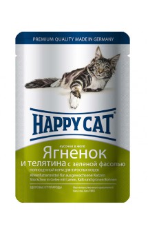 Ягненком и Телятина с зеленой фасолью, корм для кошек, кусочки в желе / Happy Cat (Германия)