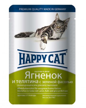 Ягненком и Телятина с зеленой фасолью, корм для кошек, кусочки в желе / Happy Cat (Германия)