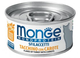 Sfilaccetti Tacchino con Carote, Монопротеиновые консервы для кошек, хлопья из Индейки с Морковью / Monge (Италия)