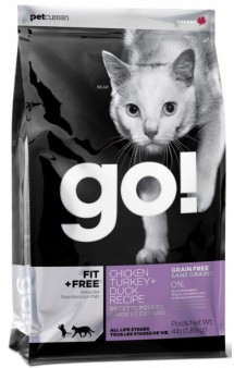 GO! FIT + FREE Grain Free Chicken,Turkey+Duck Recipe, корм для котят и кошек 4 вида мяса / Petcurean (Канада)